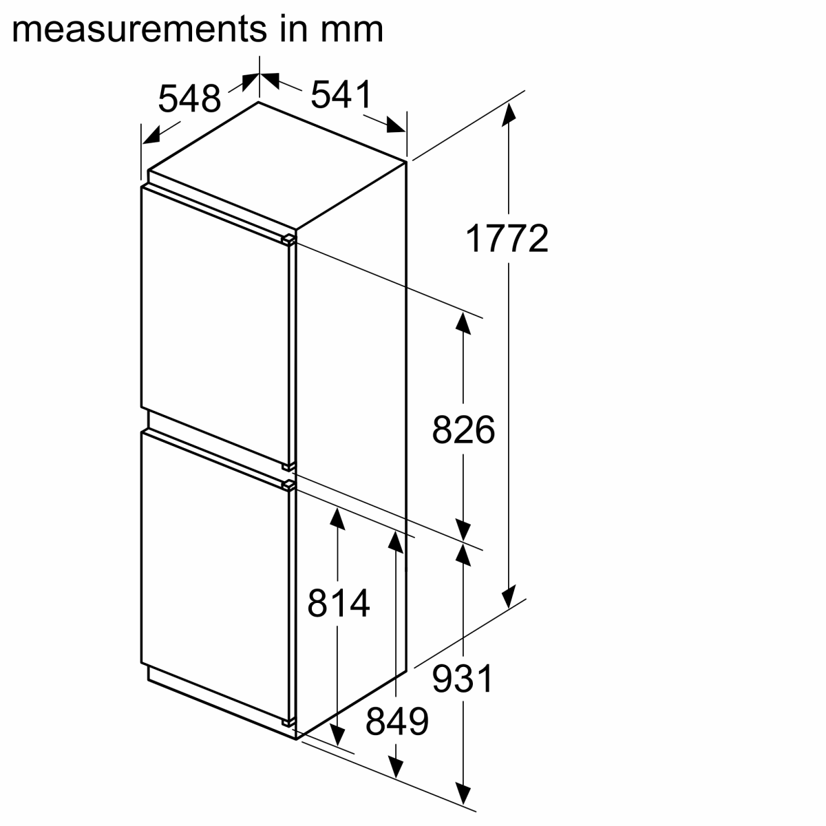 Series 2, Built-in fridge-freezer with freezer at bottom, 177.2 x 54.1 cm, sliding hinge-15