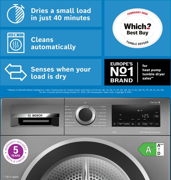 Bosch WQG245R2GB Series 6, Heat pump tumble dryer, 9 kg, Cast iron grey-5