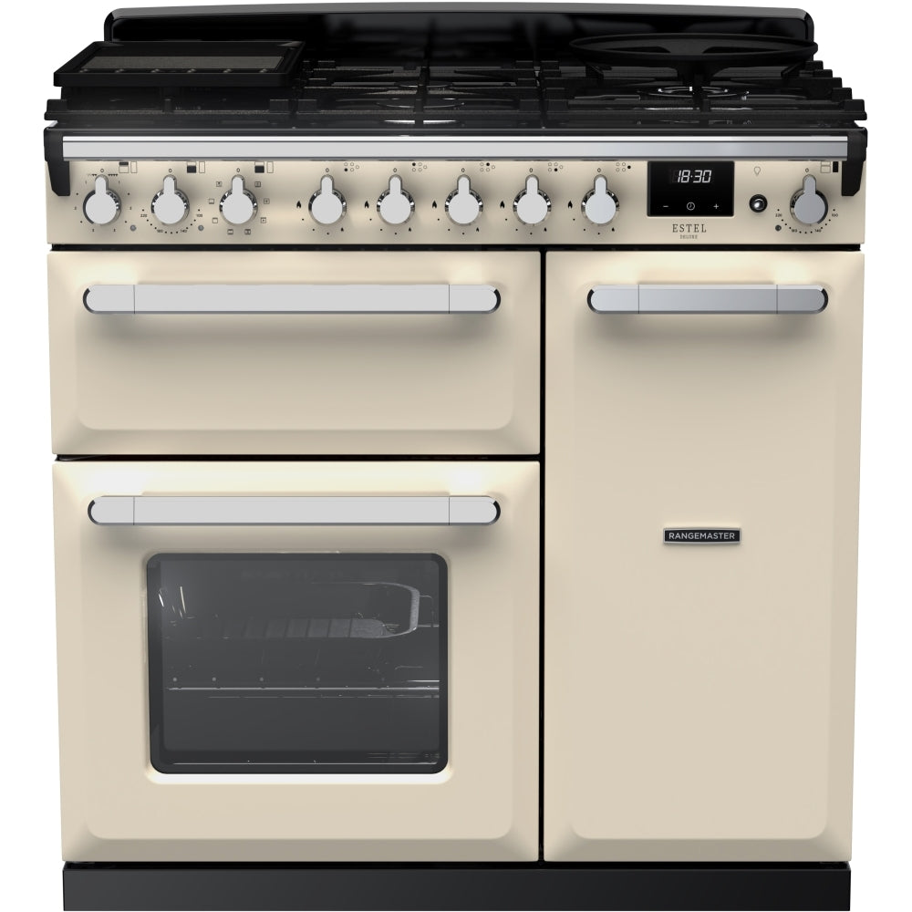 Rangemaster Estel Deluxe ESDL90DFPPCR/CM1 90cm Dual Fuel Range Cooker Pale Cream / Chrome