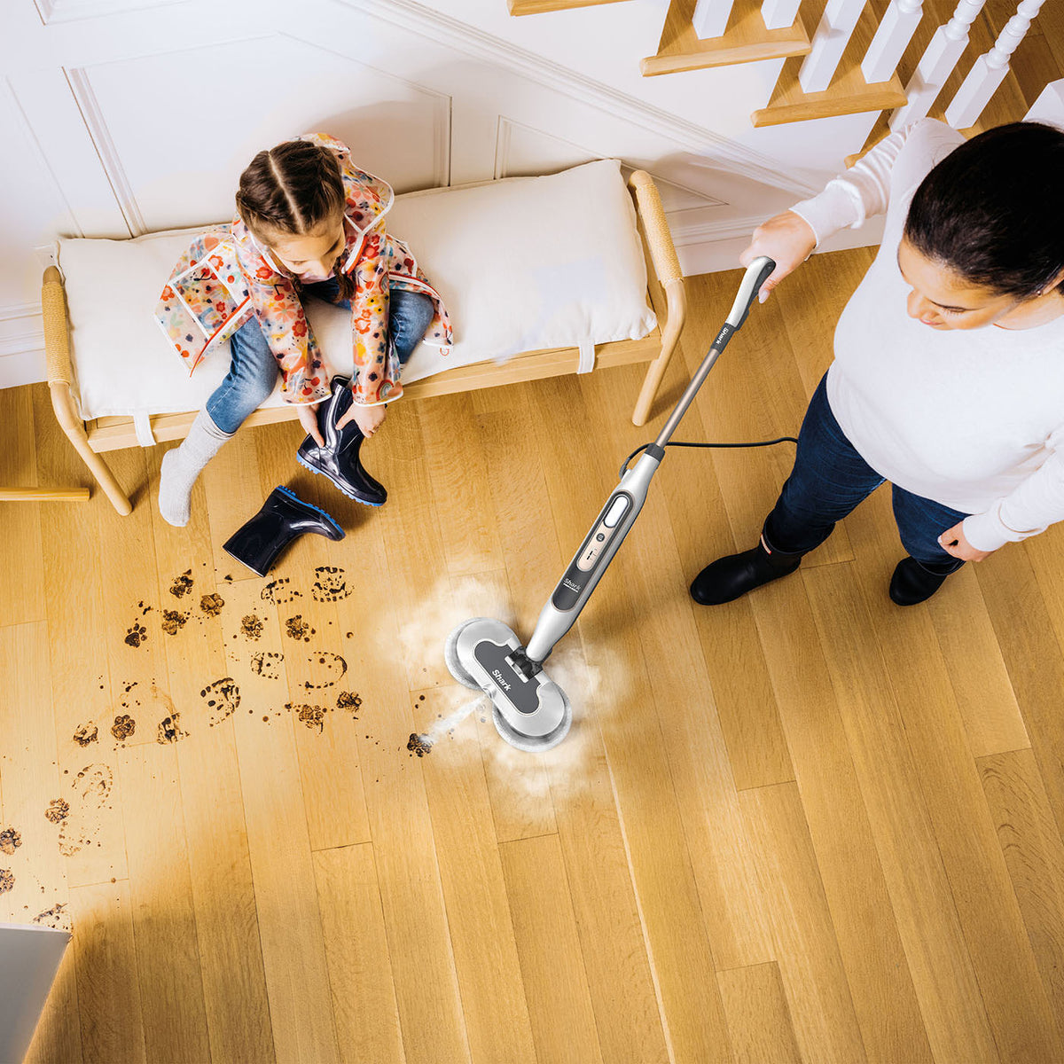 Shark Automatic Steam Mop - 2 Rotating Power Pads, 3 Steam Settings, Stain & Dirt Removal, For Sealed Hard Floors, 8m Cord, White & Grey S8201UK-5