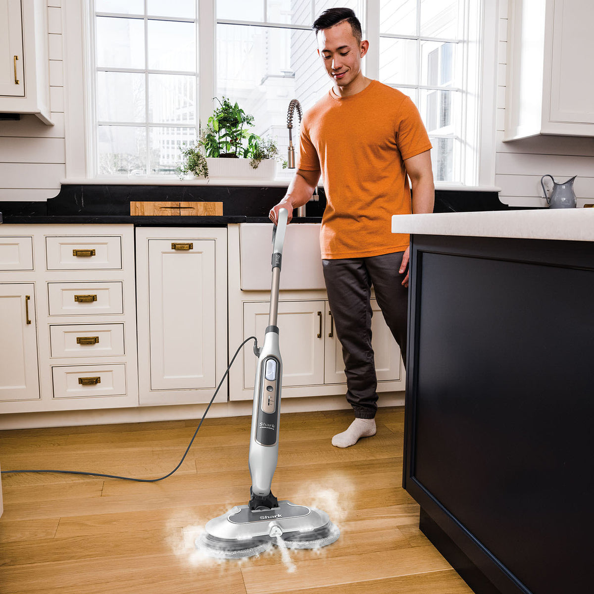 Shark Automatic Steam Mop - 2 Rotating Power Pads, 3 Steam Settings, Stain & Dirt Removal, For Sealed Hard Floors, 8m Cord, White & Grey S8201UK