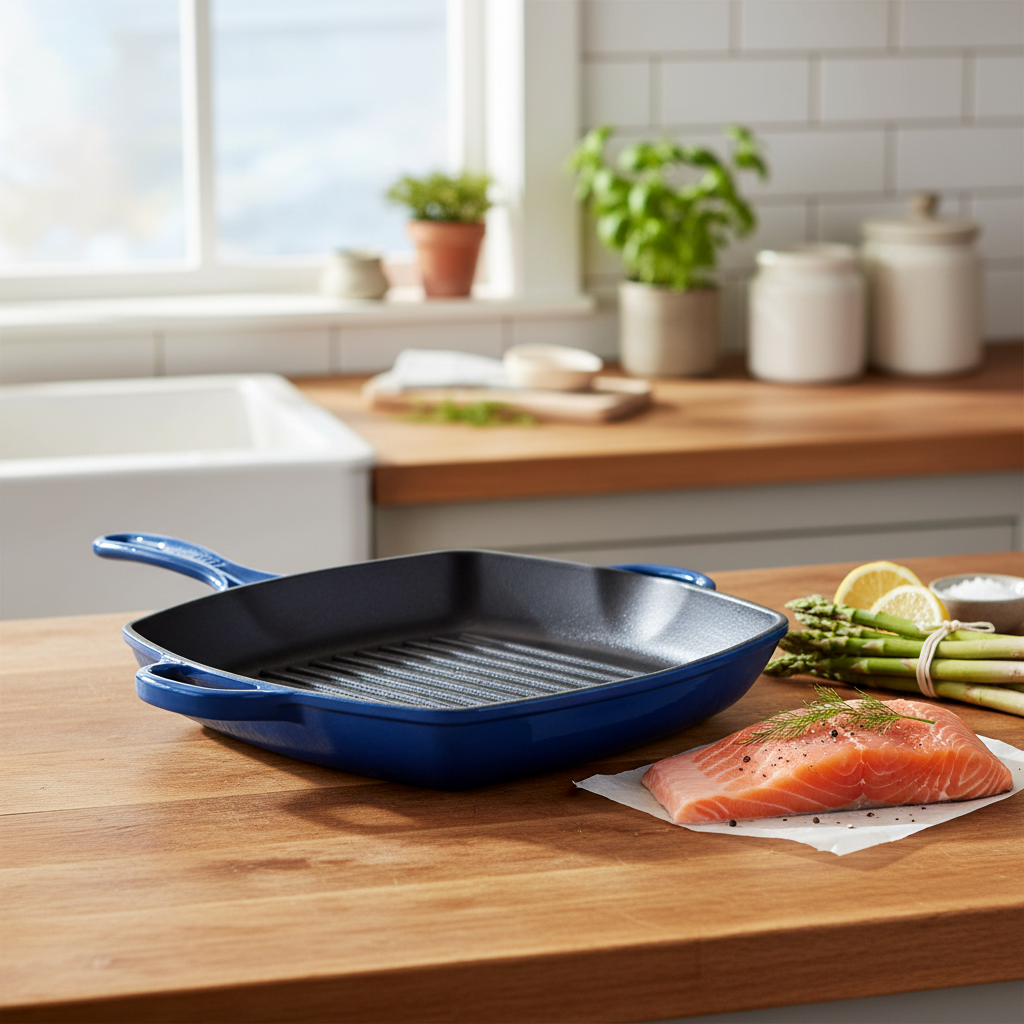 Blue square grill pan with salmon