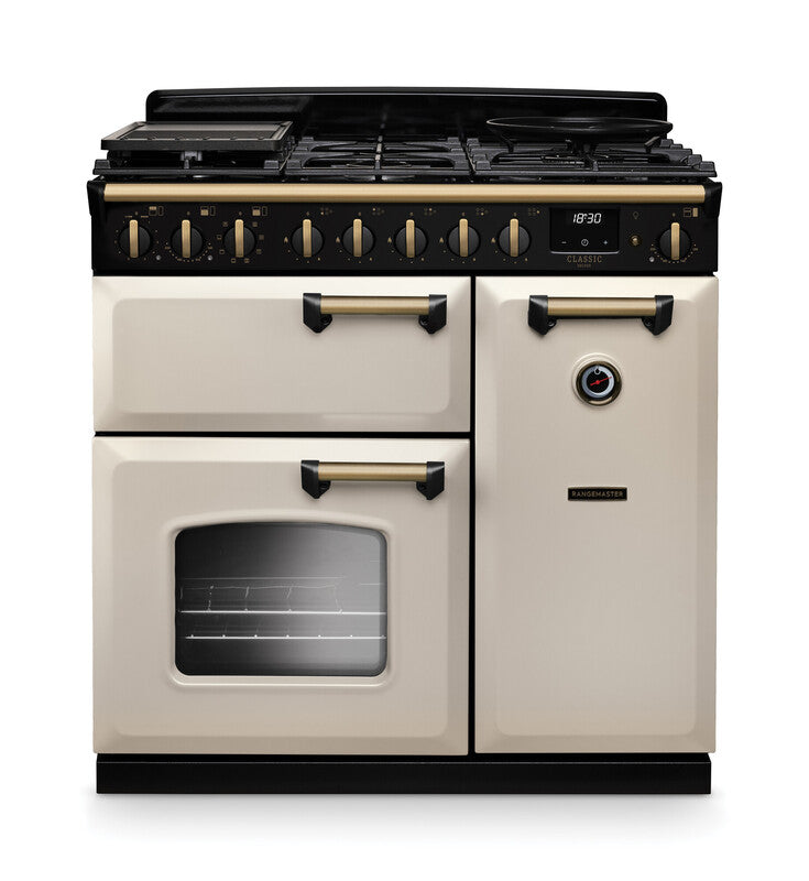 Rangemaster CLDL90DFPPCR/AB1 Classic Deluxe 90 Dual Fuel Pale Cream with Antique Brass trim-1