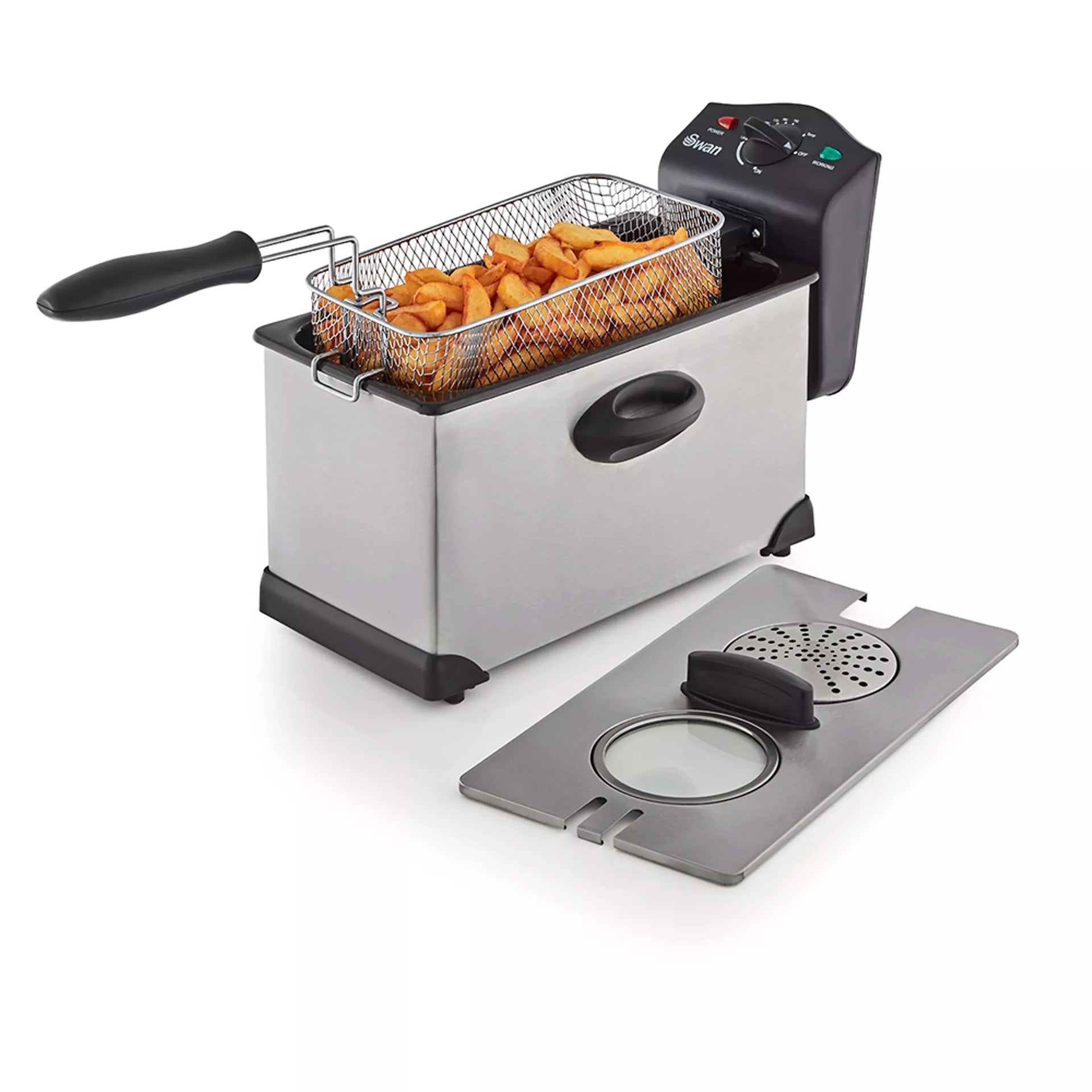 Swan SD6040N 3 Litre Stainless Steel Deep Fat Fryer with Viewing Window and Safety Cut Out, Non-Slip, Easy Clean and Adjustable Temperature