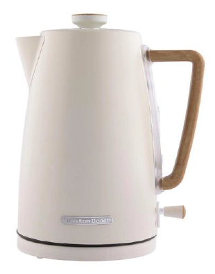 Hamilton Beach Scandi 1.7L kettle in matte cream with wood effect handle, model HBK01MC