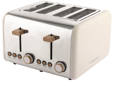 Hamilton Beach Scandi 4-slice toaster, matte cream with wood effect, model HBT02CM