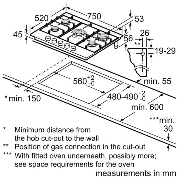 Series 6, Gas hob, 75 cm, Stainless steel-6