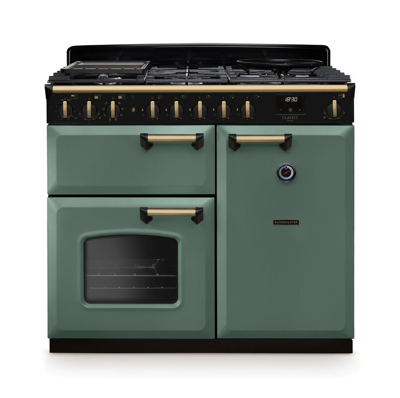 Rangemaster Classic Deluxe Mineral Green Antique Brass