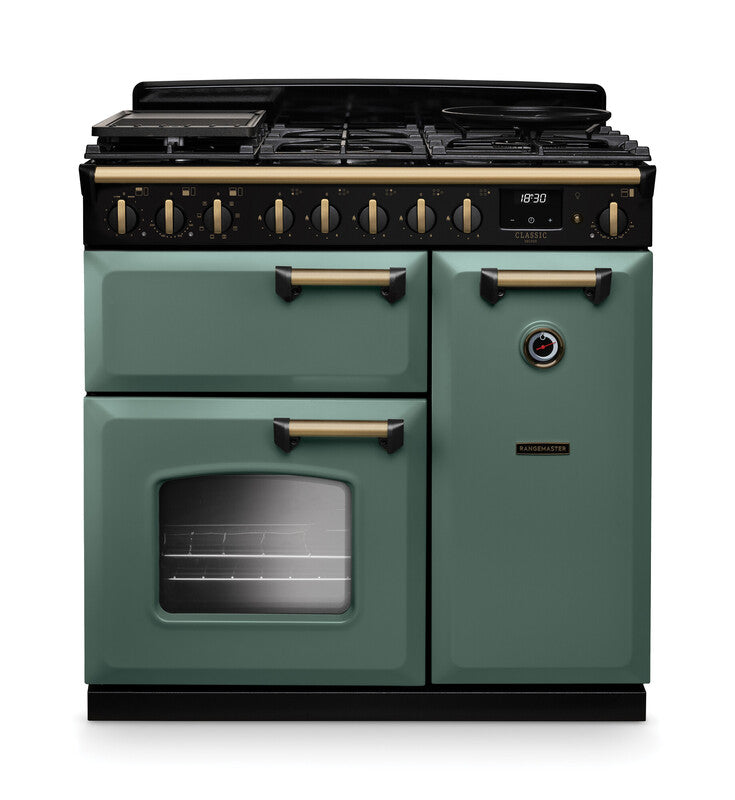 Rangemaster Classic Deluxe Mineral Green Antique Brass