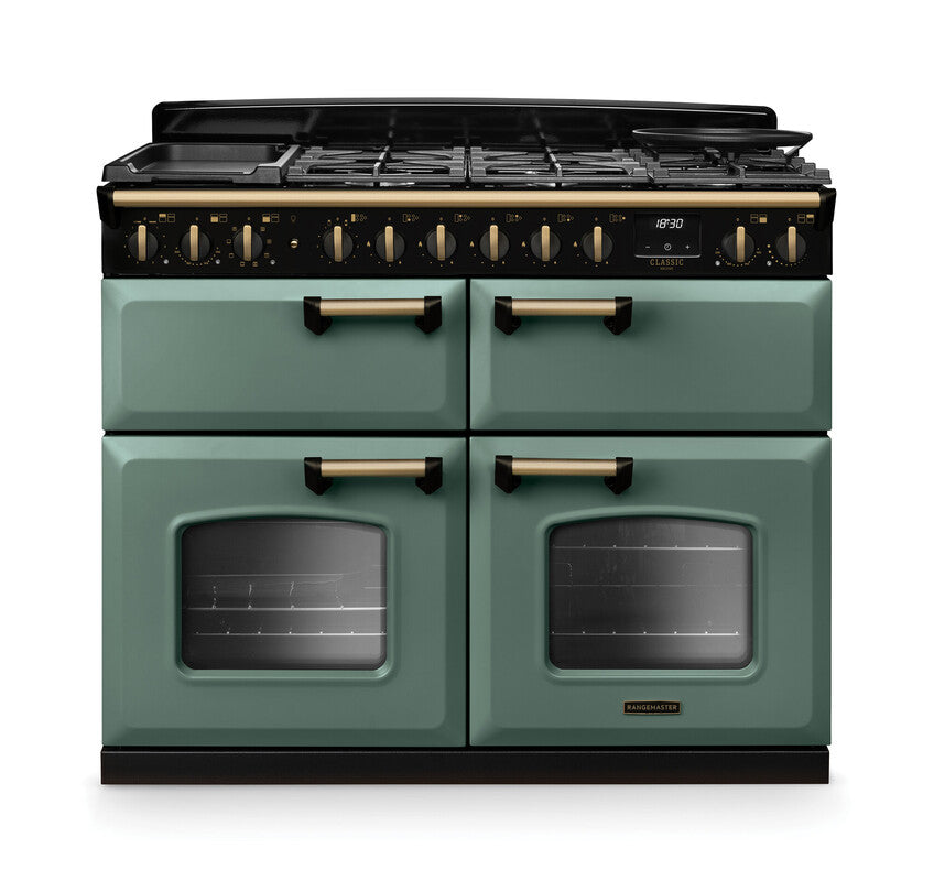 Rangemaster Classic Deluxe Mineral Green Antique Brass