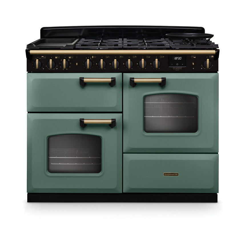 Rangemaster Classic Deluxe Mineral Green Antique Brass