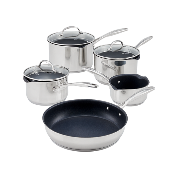 Stellar five-piece non-stick draining saucepan set